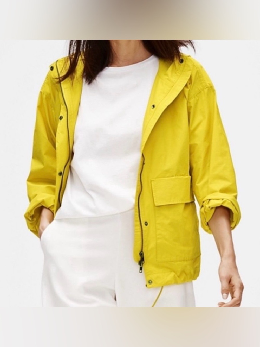 Eileen Fisher Yellow Jacket Windbreaker Full Zip Large Hooded